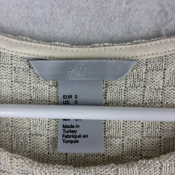 H&M Short Sleeve Weave Sweater Top Women's Small Ivory Mettalic Silver Tailored - Picture 8 of 12